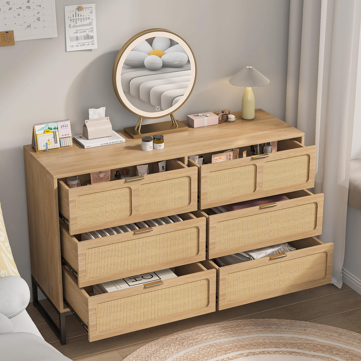 Rattan 6 Drawer Dresser Boho Dresser Chest of Drawers Farmhouse Oak 6 Double Drawer Dresser Cabinet with Wide Drawers Metal Legs Mid Century Modern Storage Dressers Chest for Bedroom, Living Room Furtivusia