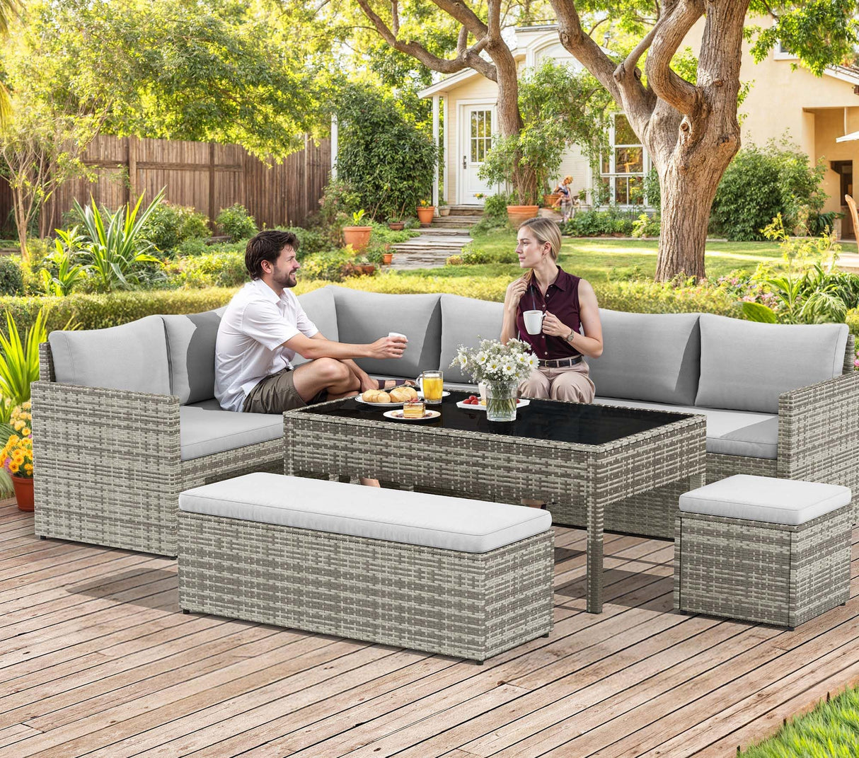YITAHOME Patio Wicker Furniture Set, Outdoor Sectional Sofa with Stools and Lift-Top Coffee Table 6-Piece, All-Weather Conversation Set for Garden, Backyard, Grey YITAHOME