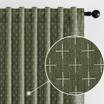 MIULEE Decorative Back Tab Linen Curtains with Geometric Pattern for Living Room Bedroom Farmhouse Rustic Thick Woven Textured Patterned Mudcloth Drapes 84 Inches Long 2 Panels Set, Olive Green