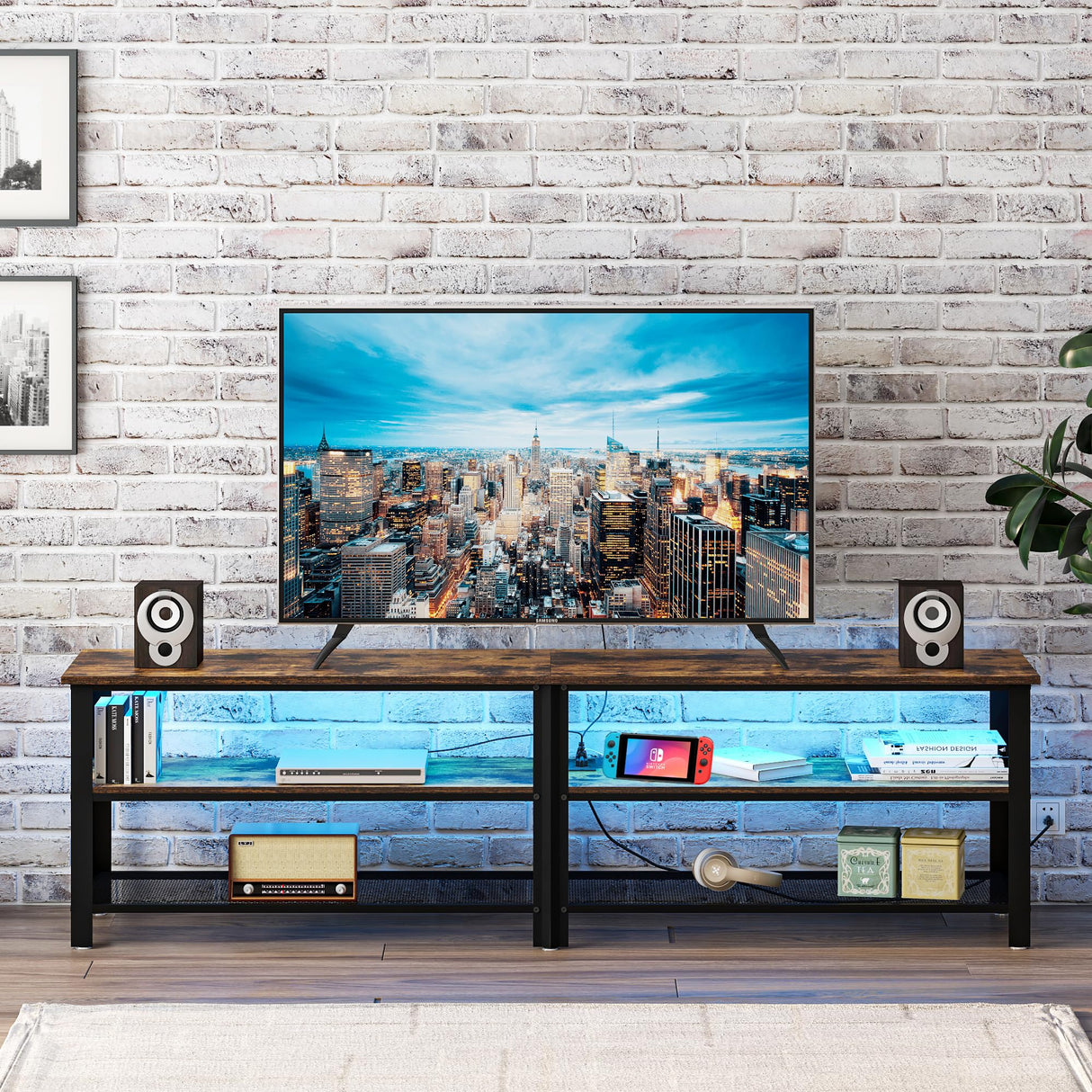 Clikuutory Modern Brown 71 inch Metal TV Stand with LED Lights and Power Outlets for 50 60 65 70 75 80 Inch TVs, 3 Tier Television Stands with Entertainment Center and Storage for Living Room, Bedroom Clikuutory