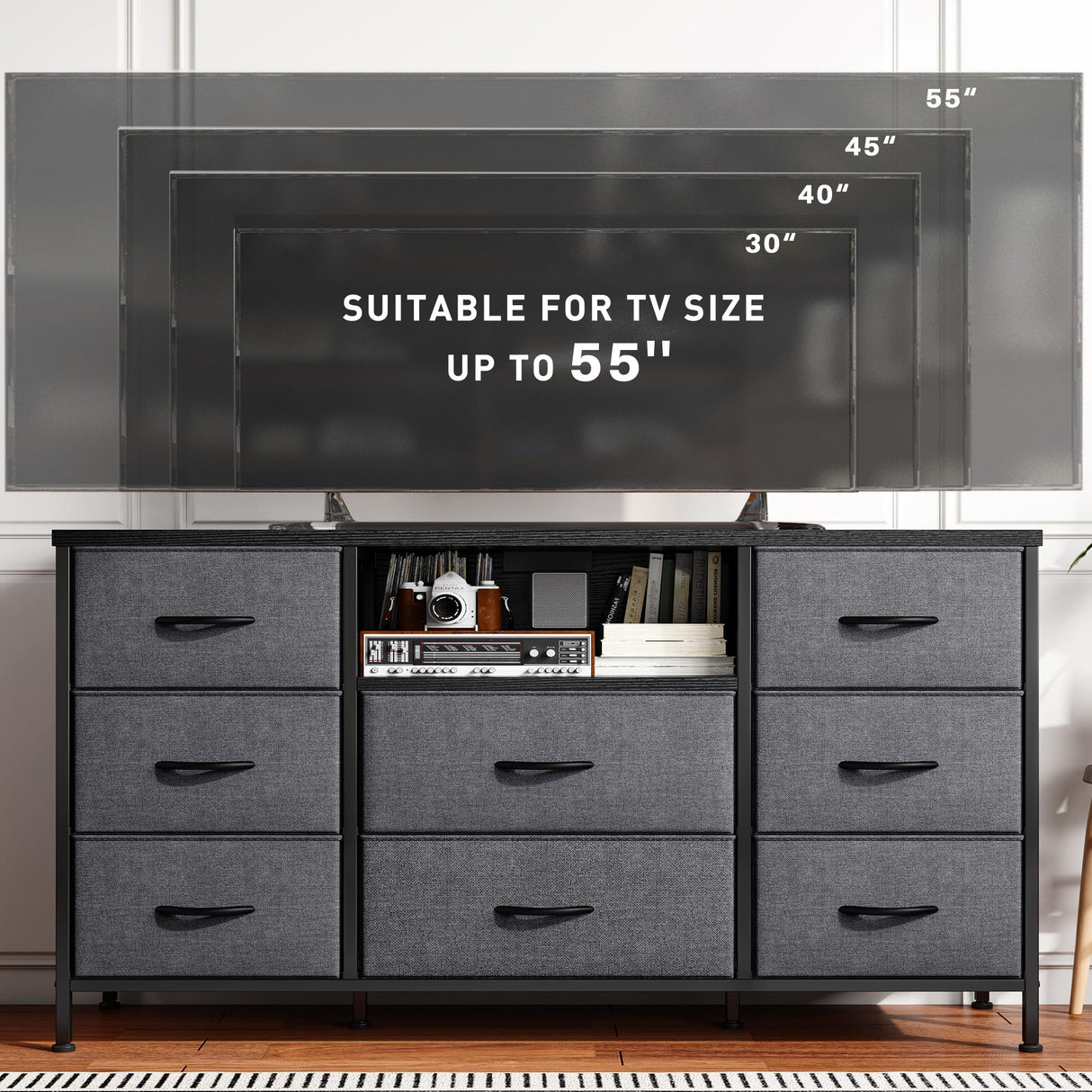 EnHomee Dresser TV Stand with Power Outlet Entertainment Center with 8 Fabric Deep Drawers Media Console Table for 55" TV Wide Storage Drawer Dresser for Bedroom, Living Room, Entryway, Grey EnHomee