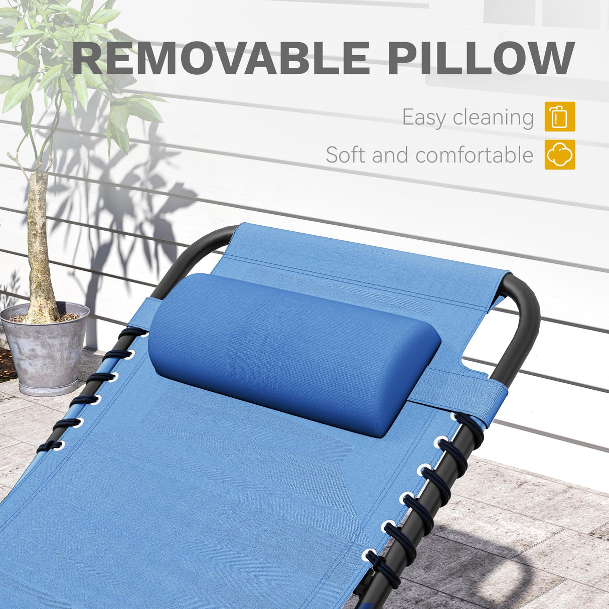 DWVO Patio Lounge Chair, Portable Recliner Lounge Chair Folding Camping Cot, Reclining Chairse Lounge 5 Posistion Adjustable w/Head Pillow & Portable Handbag for Camping, Pool, Beach and Patio, Blue DWVO