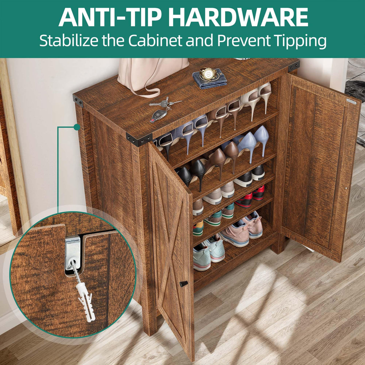 YITAHOME Shoe Cabinet with Doors, Farmhouse 5-Tier Shoe Storage Cabinet for Entryway, Large Capacity Wooden Shoes Rack Organizer for Entryway/Hallway/Closet, Brown YITAHOME