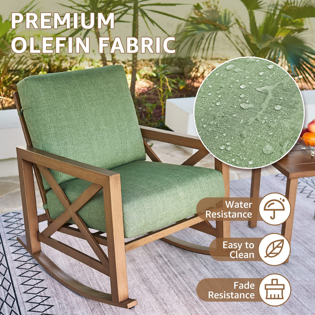 NATURAL EXPRESSIONS Rocking Bistro Set, 3 Piece Outdoor Patio Conversation Furniture Set with 2 Rockers and 1 Metal Coffee Table with Thick Cushions for Backyard,Porch,Poolside,300lbs NATURAL EXPRESSIONS