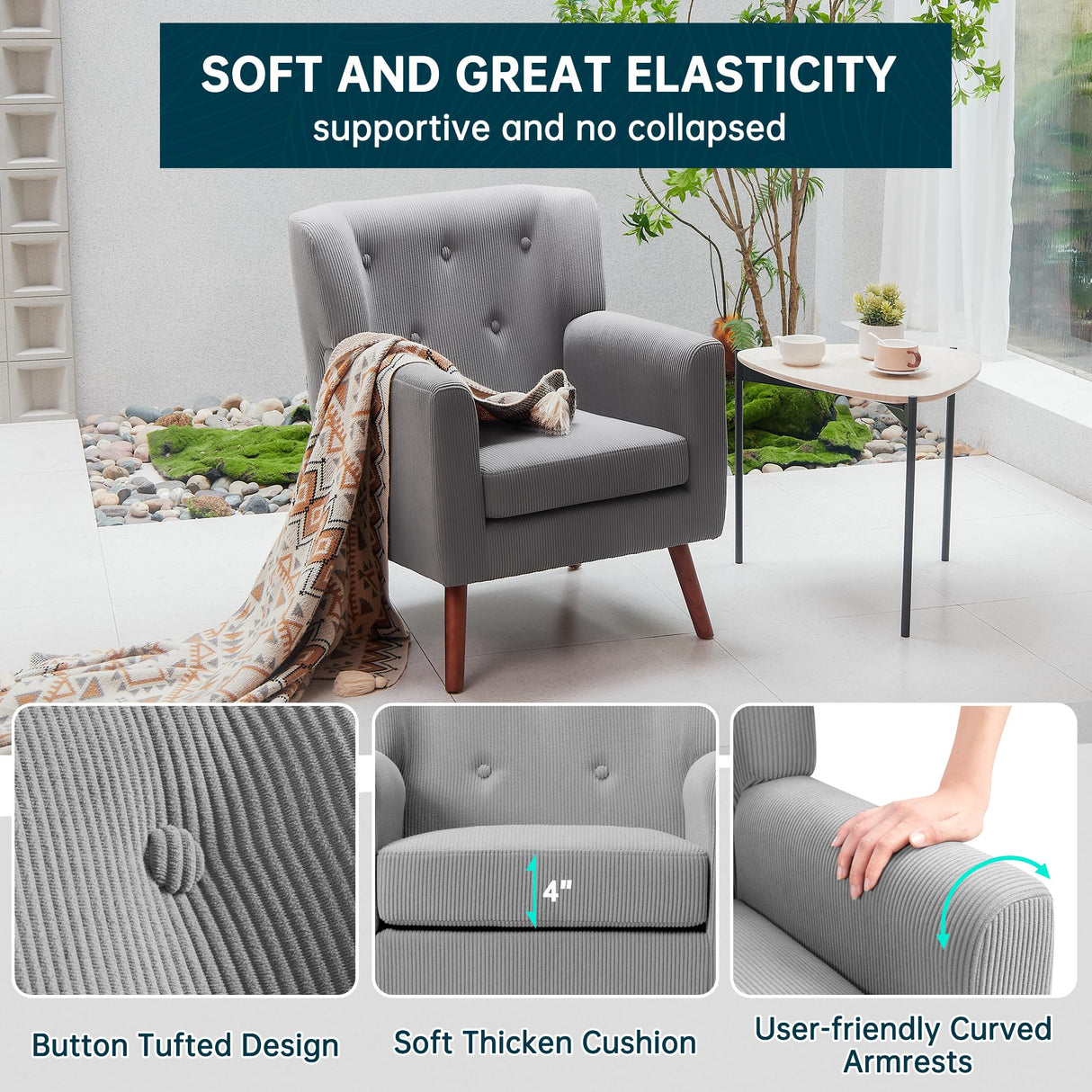 PrimeZone Mid-Century Modern Accent Chair - Comfy Corduroy Living Room Chair, Reading Chair with Button Tufted Design & Wing Back, Cozy Upholstered Armchair for Bedroom, Corner, Grey PrimeZone