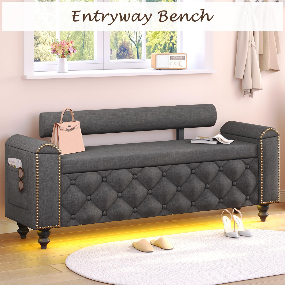 BYSAUD 51" Ottoman with Storage, Storage Ottoman Bench with LED Lights, End of Bed Bench with Upholstered Backrest & Curved Arm, Entryway Bench with Tufted Button for Bedroom Living Room, Dark Gray BYSAUD