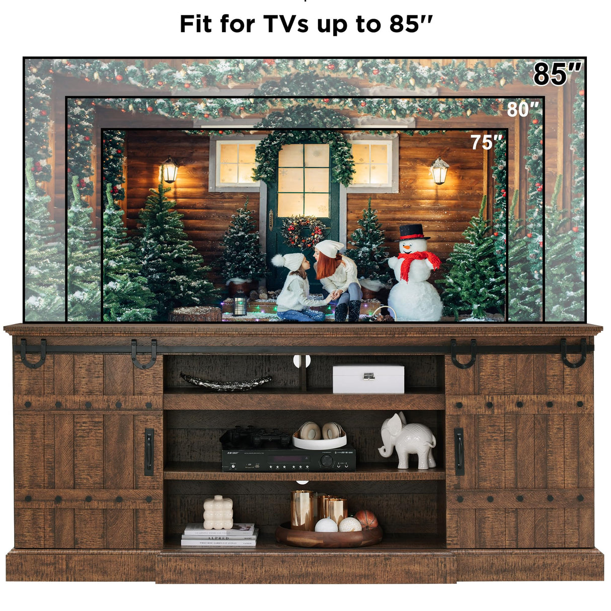 OKD Farmhouse 75" TV Stand for 80 85 Inch TV, Rustic Media Console Table with Sliding Barn Door, Large Highboy Entertainment Center with Storage Cabinet for Living Room, Bedroom, Reclaimed Barnwood OKD