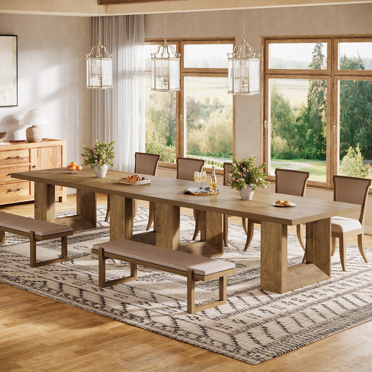 Tribesigns Farmhouse Dining Table for 6-8, 63-Inch Rectangle Kitchen Table with Strong Geometric Frame for Kitchen & Dining & Living Room (Natural) Tribesigns