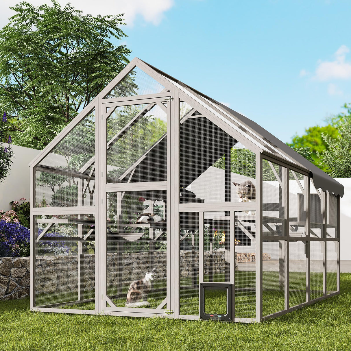 Fansafurn Extra Large Catio – Walk-in Outdoor Cat Enclosure for Multiple Cats, 110" Multi-Level Wood Cat Patio Playpen with Weatherproof Roof, Bridges, Condos and Door Access FansaFurn