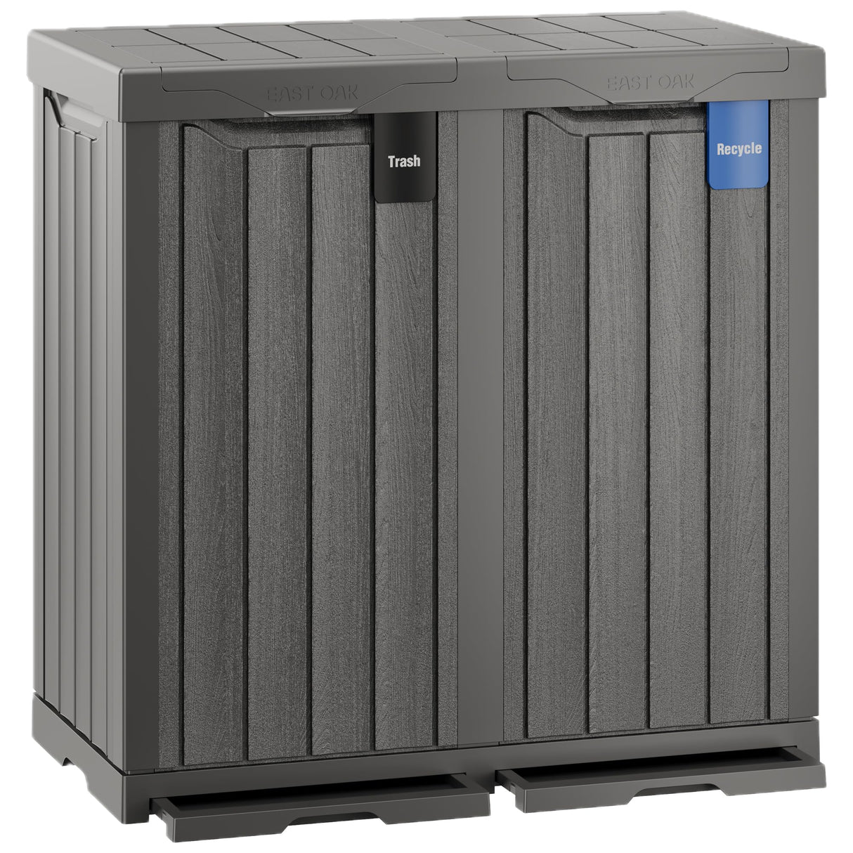 EAST OAK 62 Gallon Outdoor Trash Can | Waterproof Resin Garbage Can with Recycle and Garbage Labels | Secure Bag Lip Lock and Drip Tray | Outside Trash Bin for Patio | Kitchen, Backyard or Deck | Gray EAST OAK