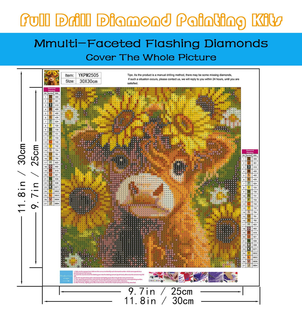 KINPLUB Highland Cow Diamond Art Kits for Adults Beginners, Cow Sunflowers Diamond Painting Kits for Adults, DIY Full Drill Round Gem Art Dots for Home Wall Decor 12x12 Inch KINPLUB
