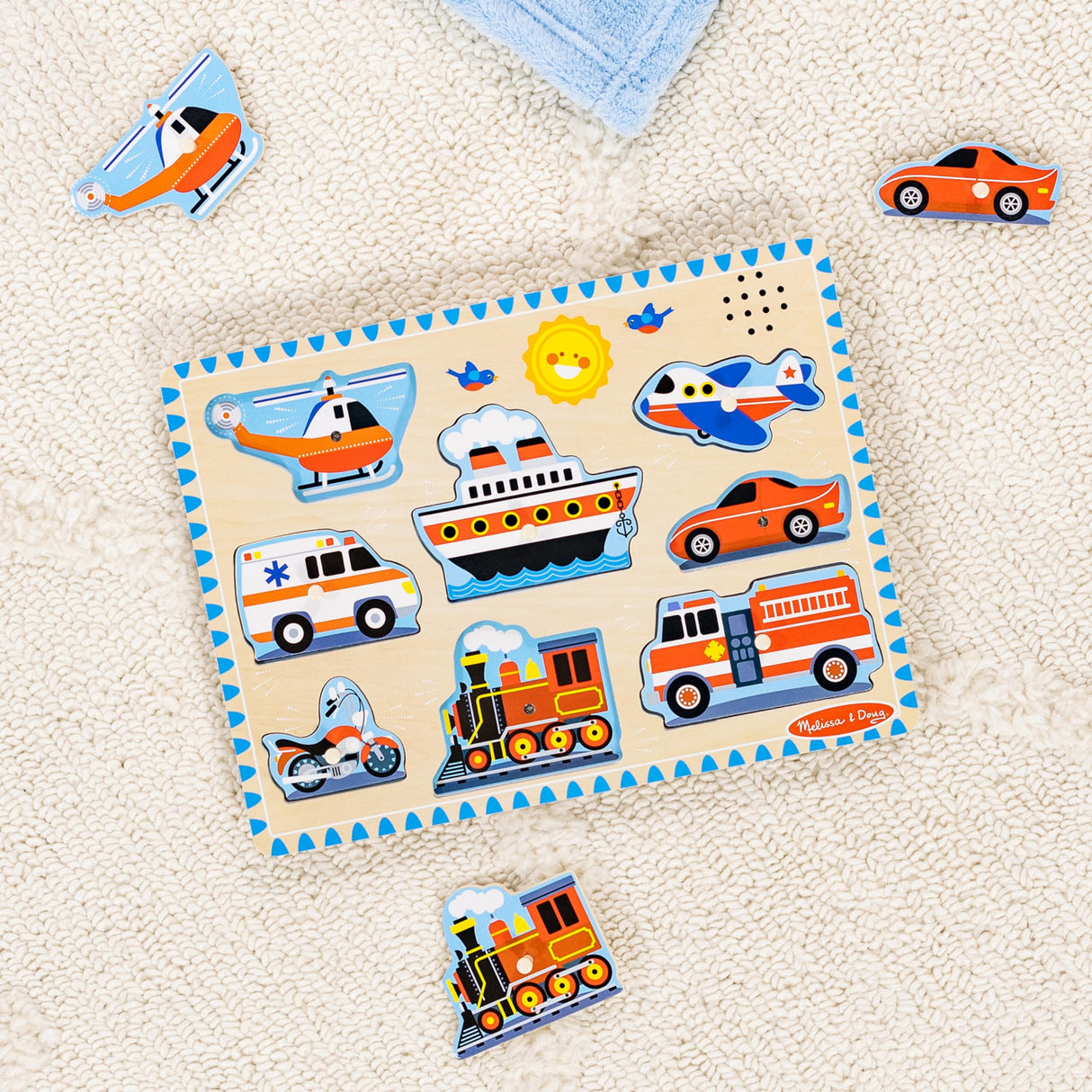 Melissa & Doug Vehicles Sound Puzzle - Wooden Peg Puzzle With Light-Activated Sound Effects (8 pcs) Puzzles for Toddlers, Wooden Puzzles For Kids Ages 2+ Melissa & Doug