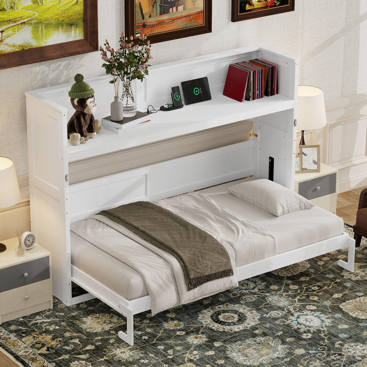 SOFTSEA Twin XL Size Horizontal Murphy Bed, Hideaway Wall Bed with Desk, Storage Shelves, LED Light & USB Ports, Space-Saving Foldable Cabinet Bed Frame for Guest Room, Bedroom, Office, White SOFTSEA