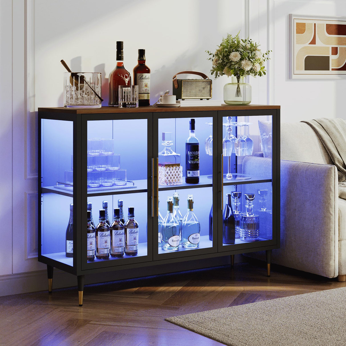 Foreate Glass Sideboard Buffet Cabinet with 13-Color Light, 47.2" Metal Wood Coffee Bar Cabinet with 3 Glass Doors & Adjustable Shelve, Modern Home Bar Credenzas for Home Kitchen Living Room, Black Foreate