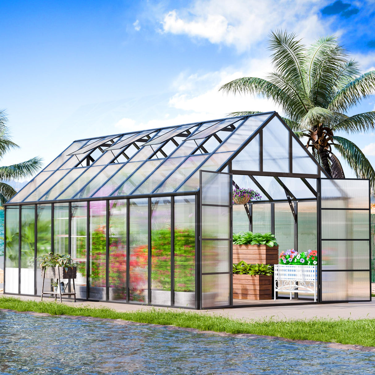 CDCASA 20x10x10 FT Greenhouse for Outdoors, Easy Assembly Large Thicker Aluminum Heavy Duty Polycarbonate Greenhouses Kit w/4 Vent Window, Walk-in Green House for Sunroom Patio,Backyard CDCASA