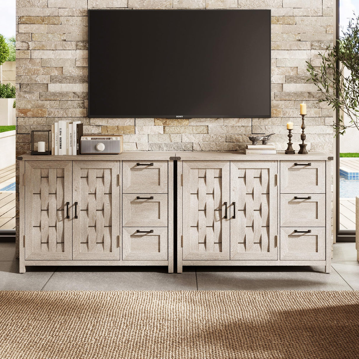 LINSY HOME Farmhouse Sideboard Buffet Cabinets, 43" W Coffee Bar Storage Cabinets with 3 Drawers and 2 Doors, Rustic Accent Cabinet for Dining Room, Kitchen, Home Bar and Living Room, Light Gray LINSY HOME