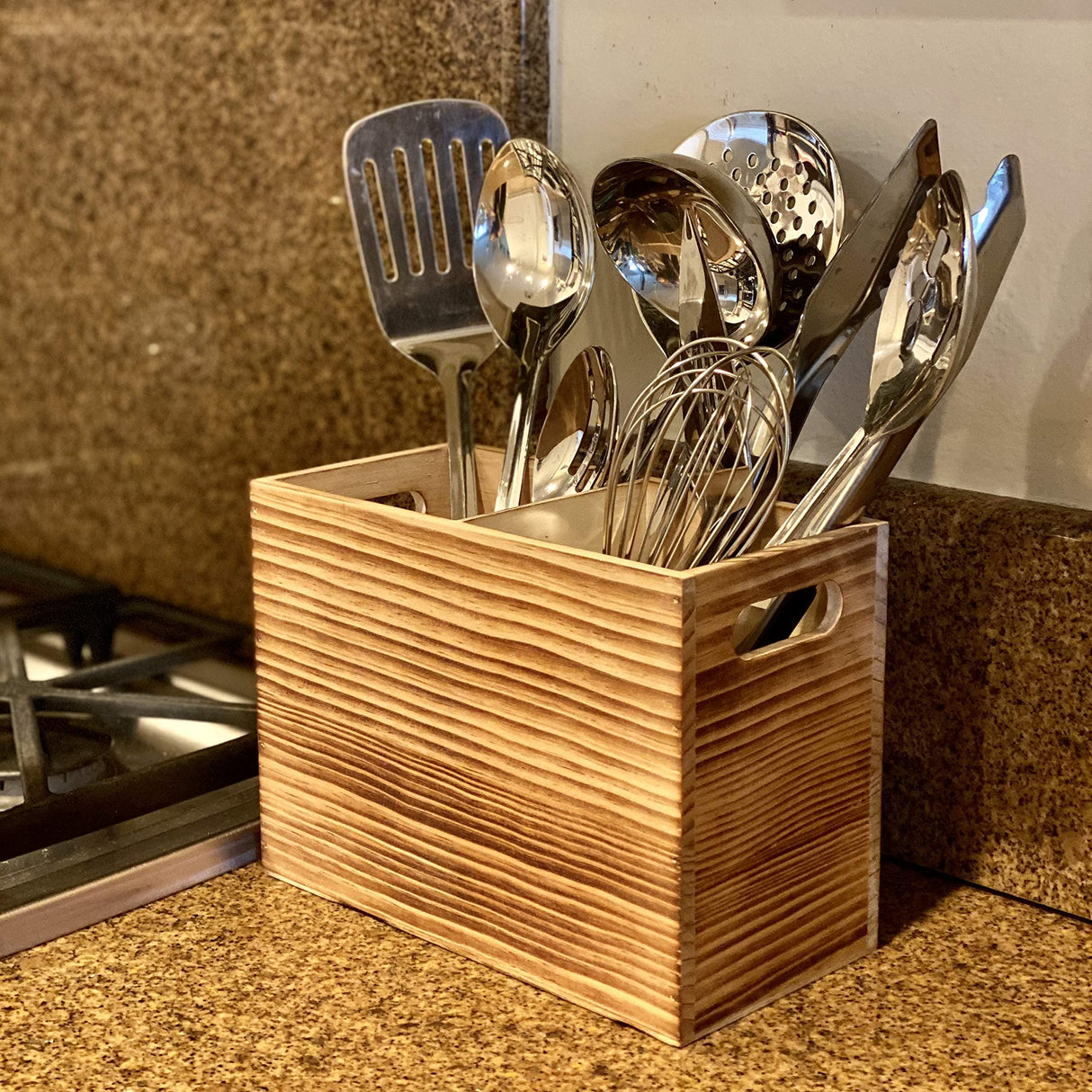 CB Accessories Utensil Holder in Rustic Wood for Kitchen Countertop Organizer and Cooking Tools Storage (Double Compartment) CB Accessories