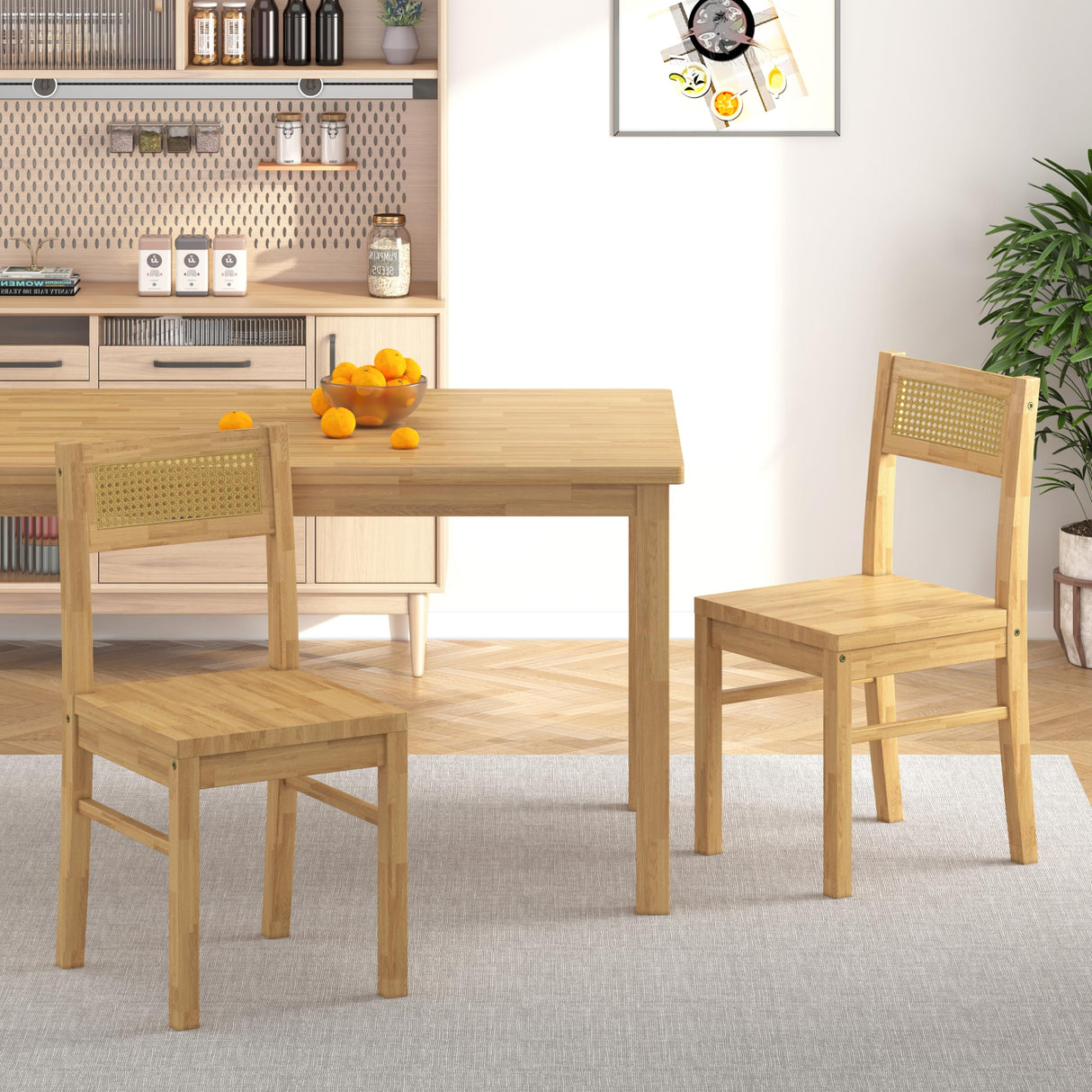 Orweiin Solid Wood Dining Table Set for 4, 43.3" Dining Table with Chairs Set, Kitchen Dining Table Set with Woven Rattan Backs, Farmhouse Solid Wood Table and Chairs, Natural Orweiin