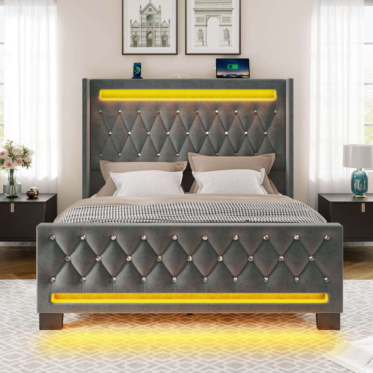 Rolanstar Queen Bed Frame with LED Light and Charging Station, Upholstered High Headboard and Footboard, Wood Slats, Noise Free, Easy Assembly, Grey Rolanstar