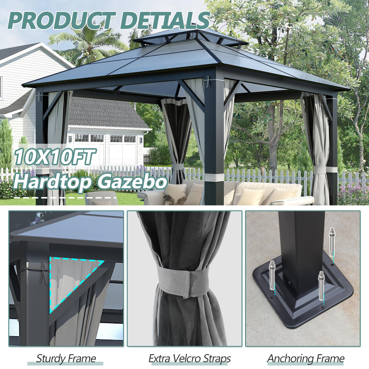 Howsvn 10'x10' Hardtop Gazebo, Outdoor Polycarbonate Double Roof Gazebos with Netting and Curtains, Heavy Duty Metal Pavilion for Patio, Backyard, Deck and Lawn HOWSVN