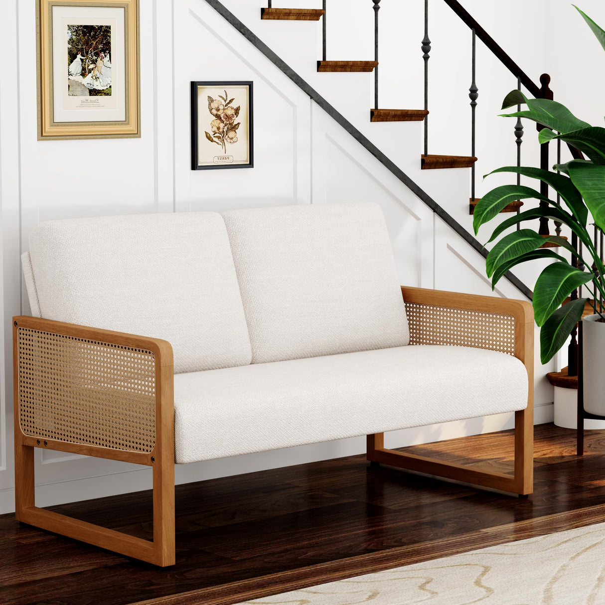Apeaka Small Loveseat Sofa with Rattan Arms Linen Mini Couch for Living Room Bedroom Modern Upholstered Love Seat with Wood Legs Ivory Apeaka