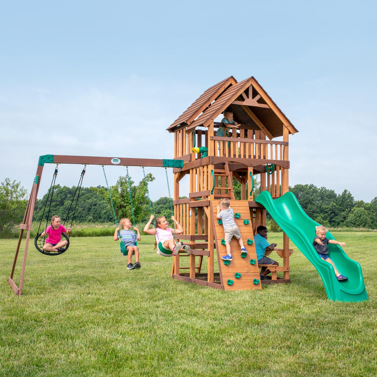 Backyard Discovery Highlander All Cedar Wooden Swing Set, 3 Levels, Step Ladder, Snack Bar with Bench, Sandbox, 2 Belt Swings, Web Swing, 10ft Wave Slide, Rock Wall, Backyard Discovery