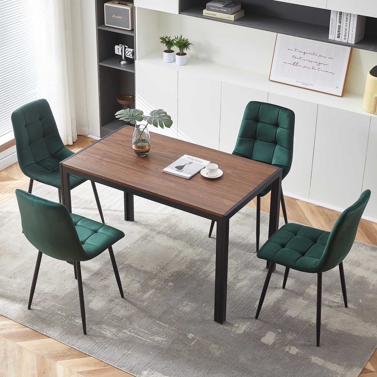 Homedot Modern Mid-Century Dining Table Walnut with Metal Frame, 47" Rectangular Kitchen Table Imitation Wood Home Office Desk Wooden Kitchen Table with Thick Tabletop for Small Spaces, Apartment Homedot