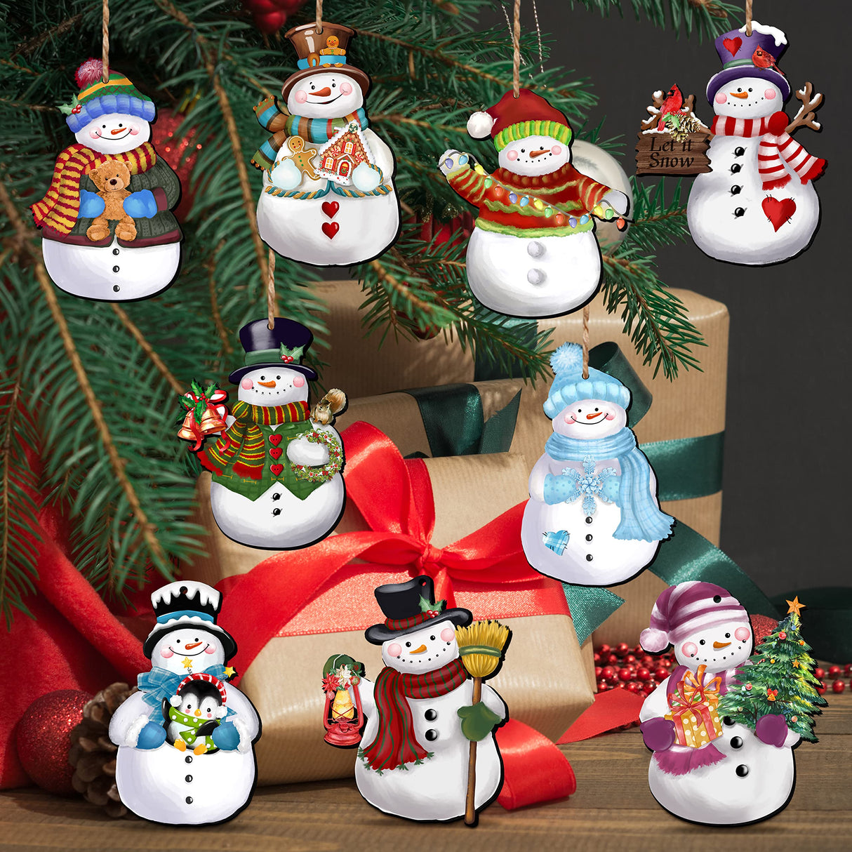 24 Pieces Christmas Snowman Wooden Ornaments Wood Hanging Decoration Set for Christmas Tree Hanging Wood Crafts Holiday Decor Xmas Party Supplies JOPHMO