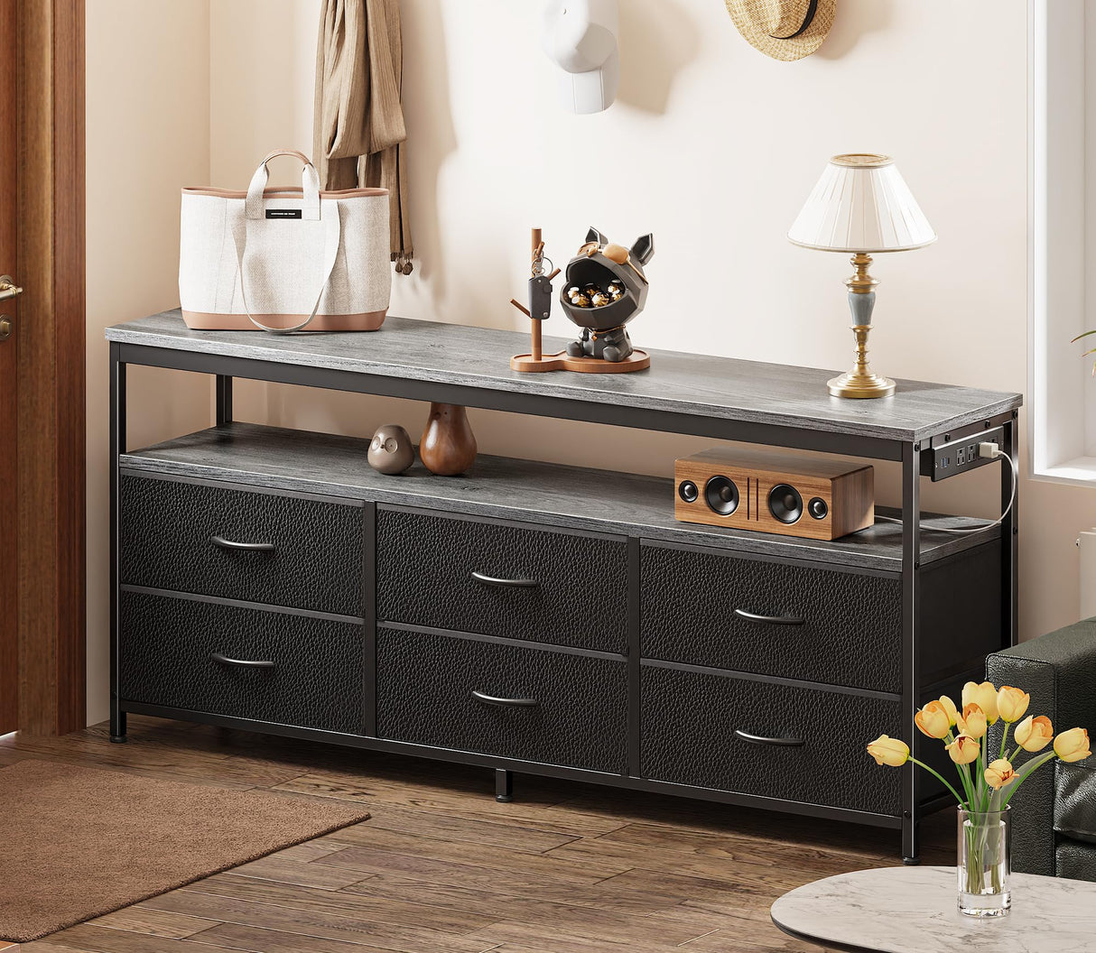 Huuger LED TV Stand for Bedroom, 55 Inch Fabric Dresser with Power Outlets, Entertainment Center for 60, 55, 50 Inch TV, 6 Drawer Dresser for Bedroom, Chest of Drawers with Shlef, PU Leather, Grey Huuger