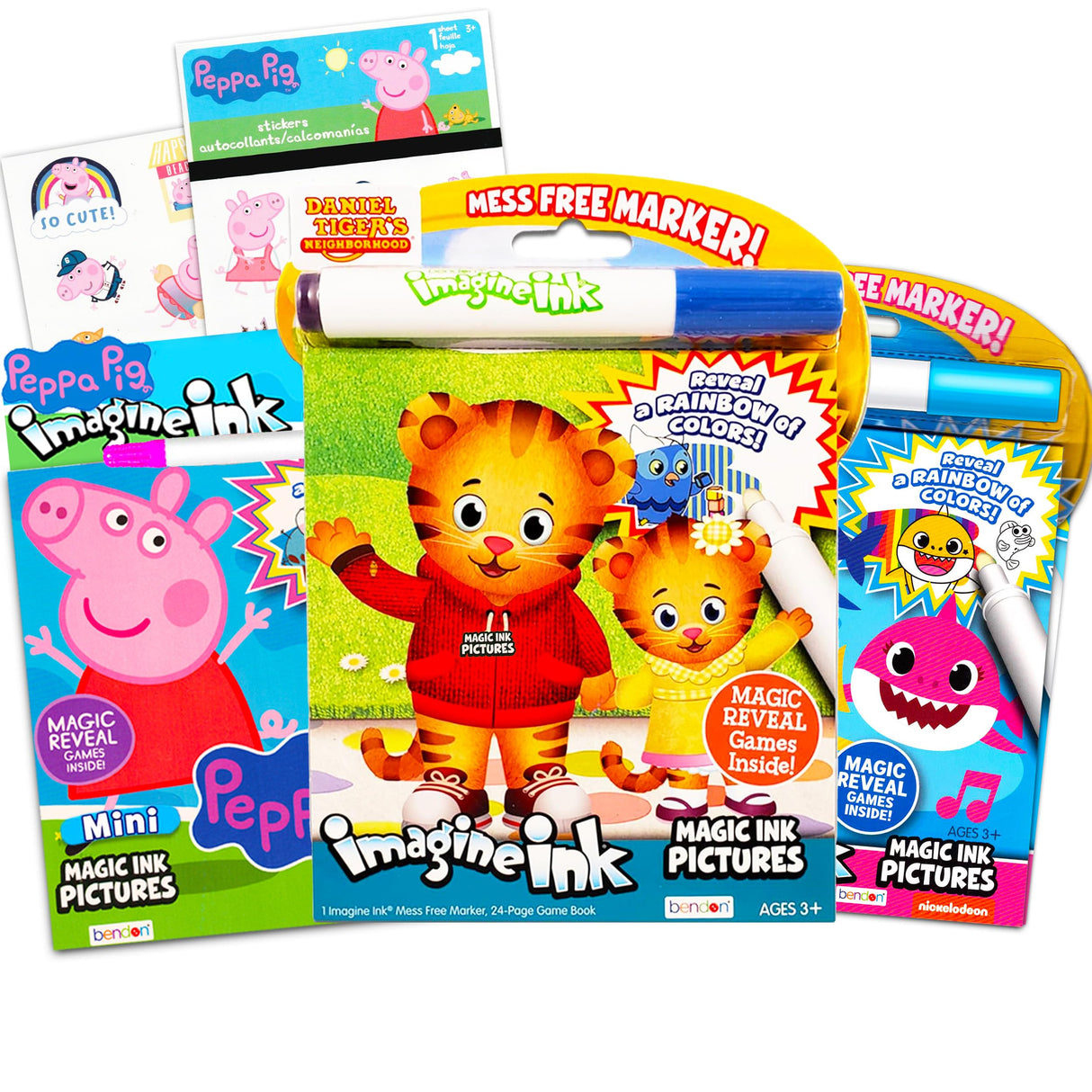 Imagine Ink Coloring Book Bundle ~ 3 Pack No Mess Magic Ink Activity Books with Daniel Tiger, Peppa Pig, and Baby Shark with Peppa Pig Stickers Daniel Tiger's Neighborhood