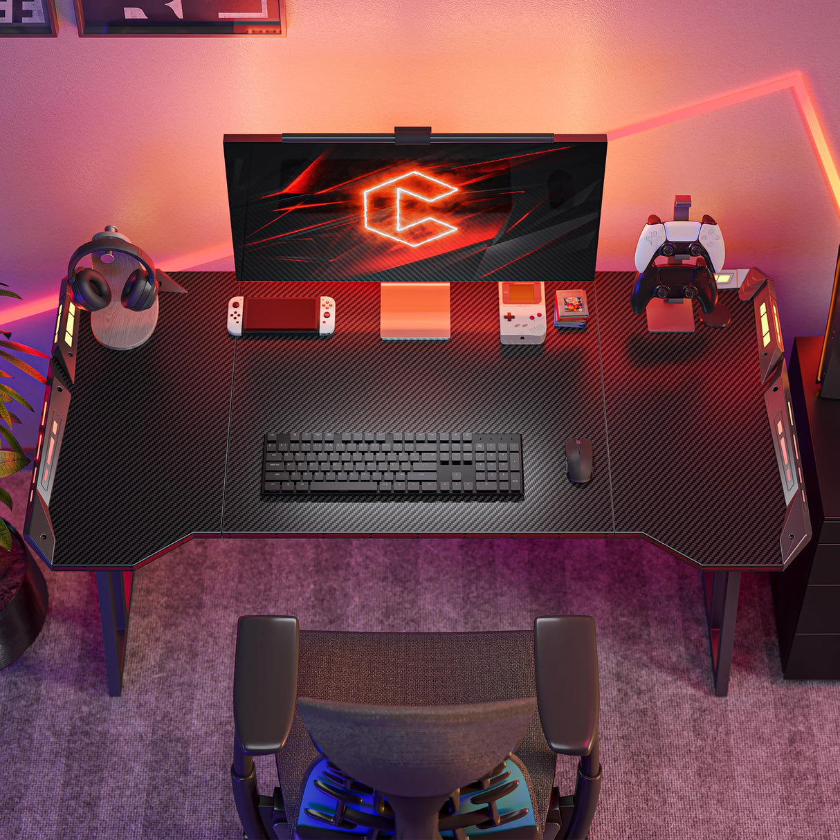 CubiCubi Gaming Desk with LED Lights, 47 Inch Z Shaped Gamer Desk, Home Game Computer Desk with Carbon Fiber Surface, Ergonomic Office PC Workstation with Cable Management, Black CubiCubi