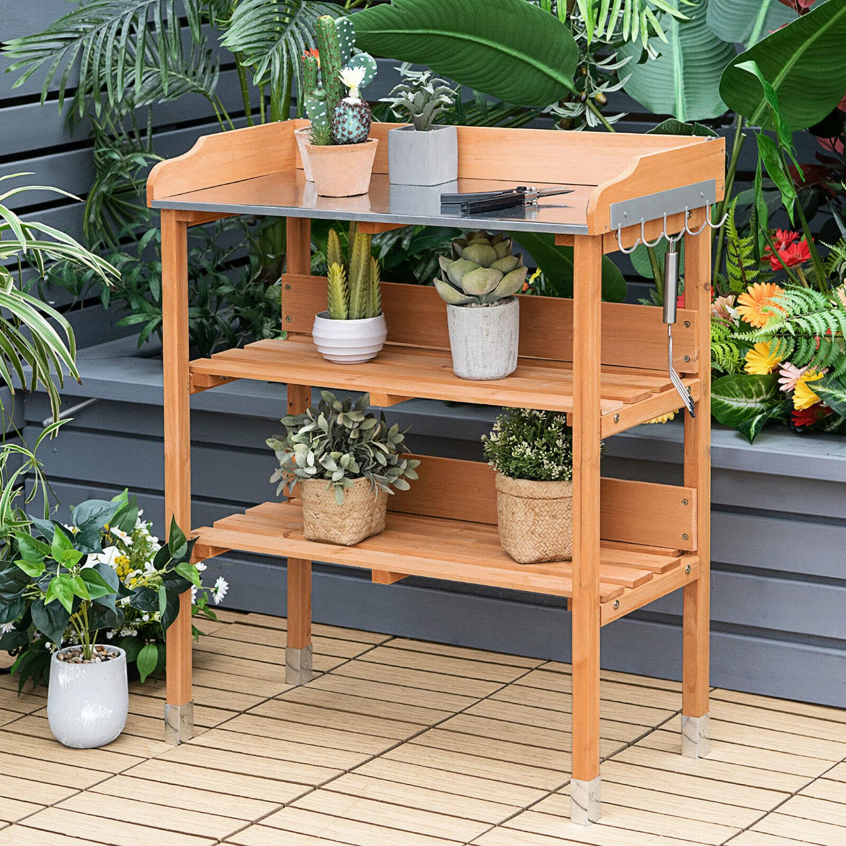 LUARANE Wooden Garden Potting Bench Work Station, 3-Tier Storage Shelf, Metal Tabletop Bonsai Table with 5 Hooks on The Side LDAILY