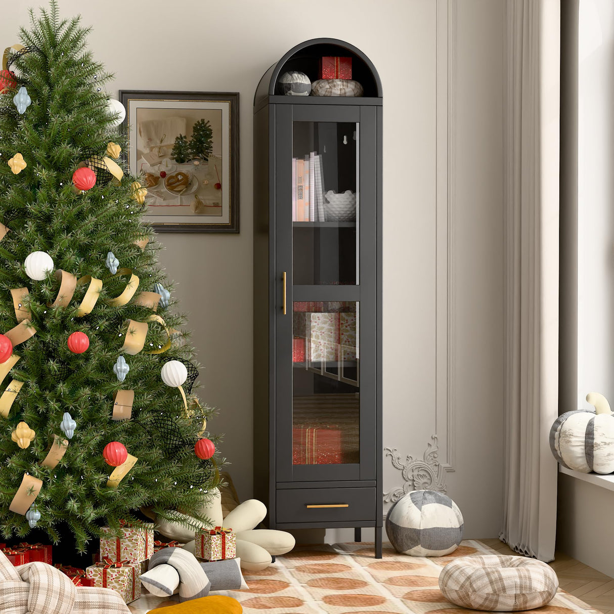 METALYEYE 73''H Metal Arched Storage Cabinet, Arch Display Bookcase Cabinet with Glass Doors & Shelves and 1Drawer for Living Room, Kitchens and Bedrooms,Office, Black, Assembly Required METALYEYE