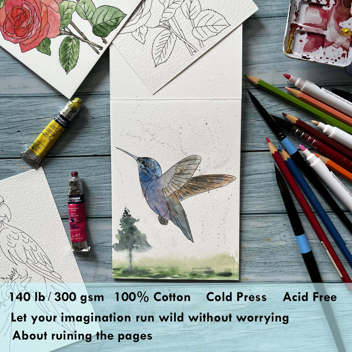tumuarta Watercolor Coloring Book, 20 Unique Designs, 5x7”, 100% Cotton, 300GSM, 140 LB, Cold Press, Acid Free Watercolor Paper, Glue Bound Mixed Media Sketch Book Birds tumuarta