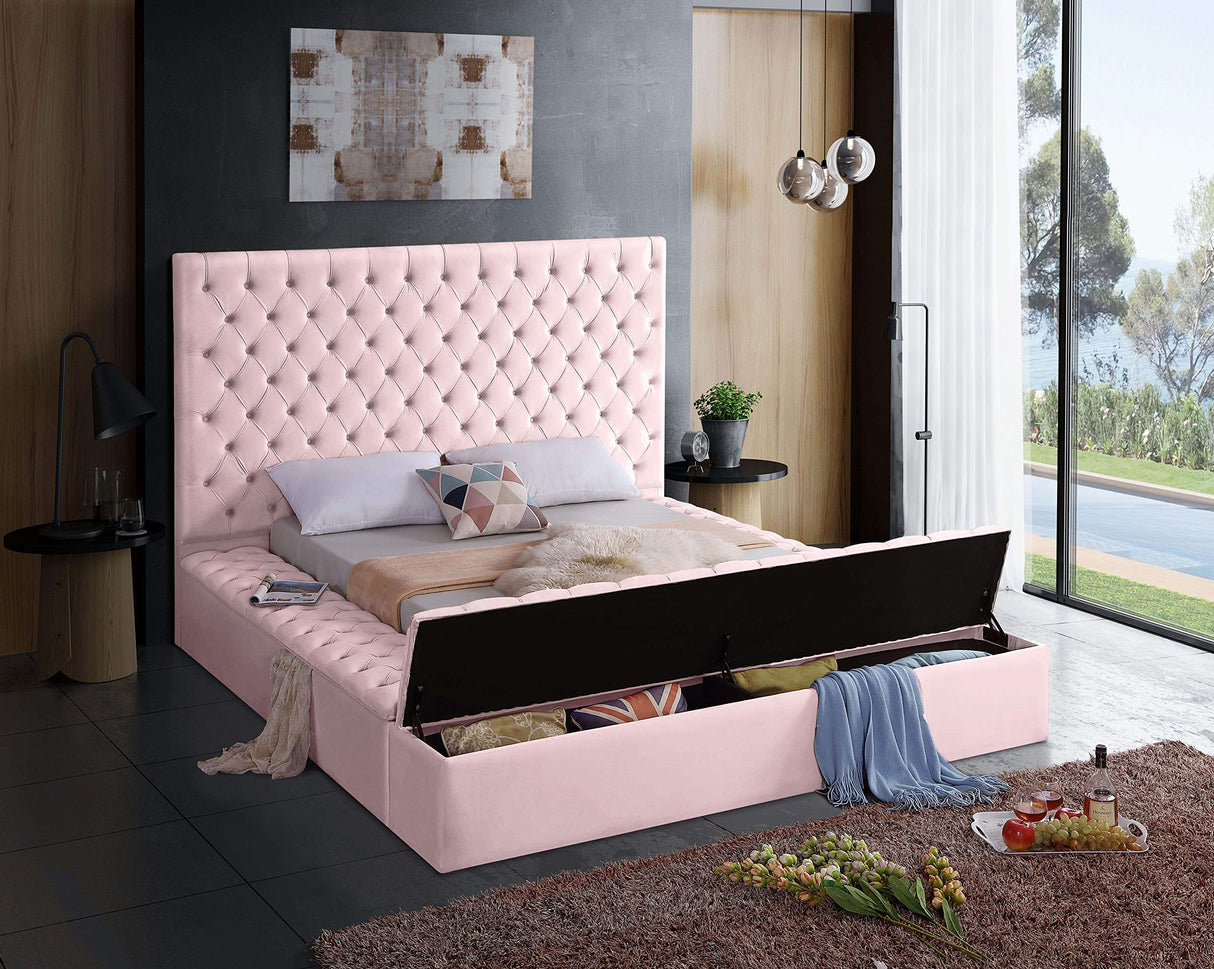 Meridian Furniture Bliss Collection Modern | Contemporary Velvet Upholstered Bed with Deep Button Tufting and Storage Compartments in Rails and Footboard, Pink, King Meridian Furniture