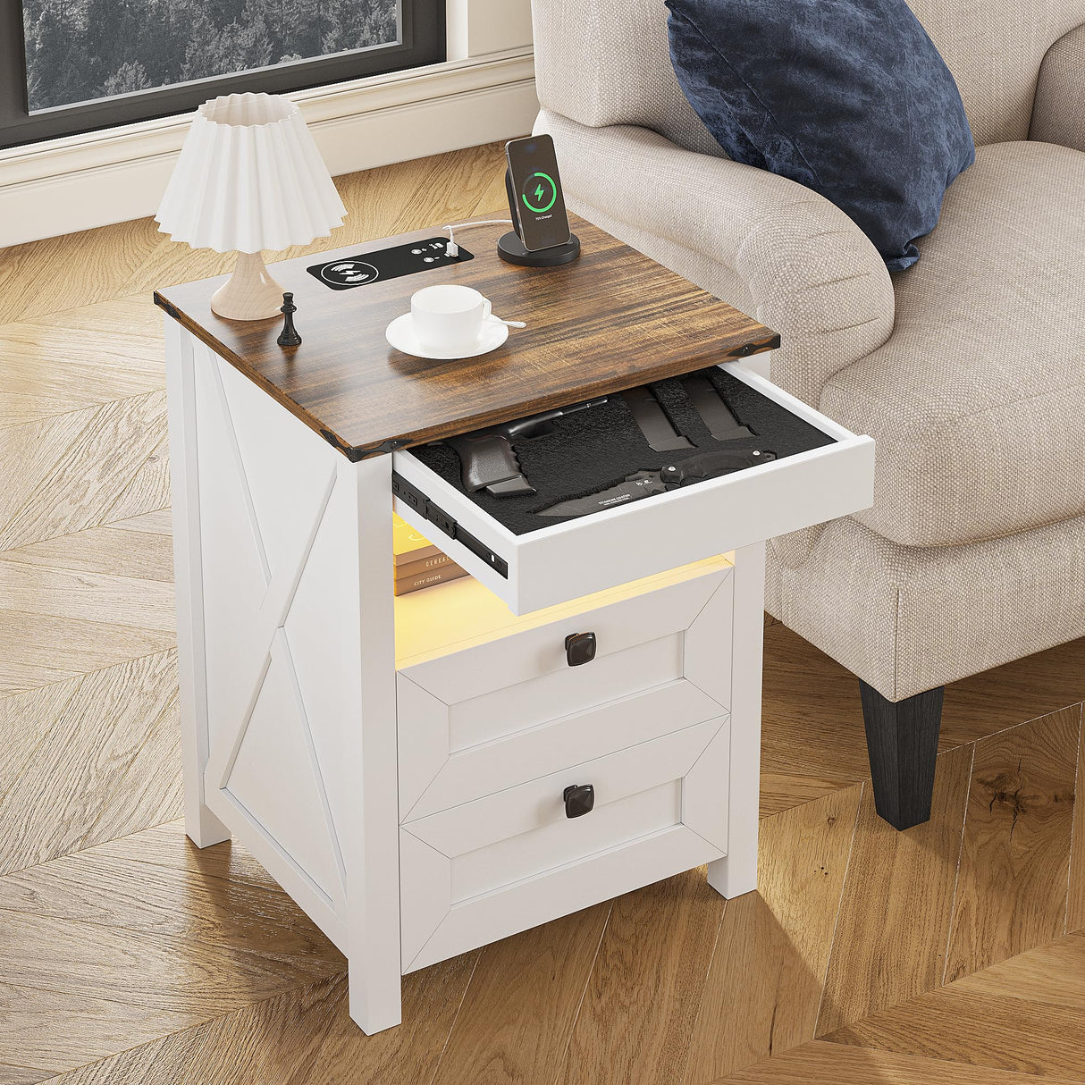 LED Nightstand with Gun Drawer: Bedside Table with Charging Station for Bedroom Furniture – Farmhouse Night Stand with 3 Colors Smart Human Sensor Lights for Living Room End Table, White HWB