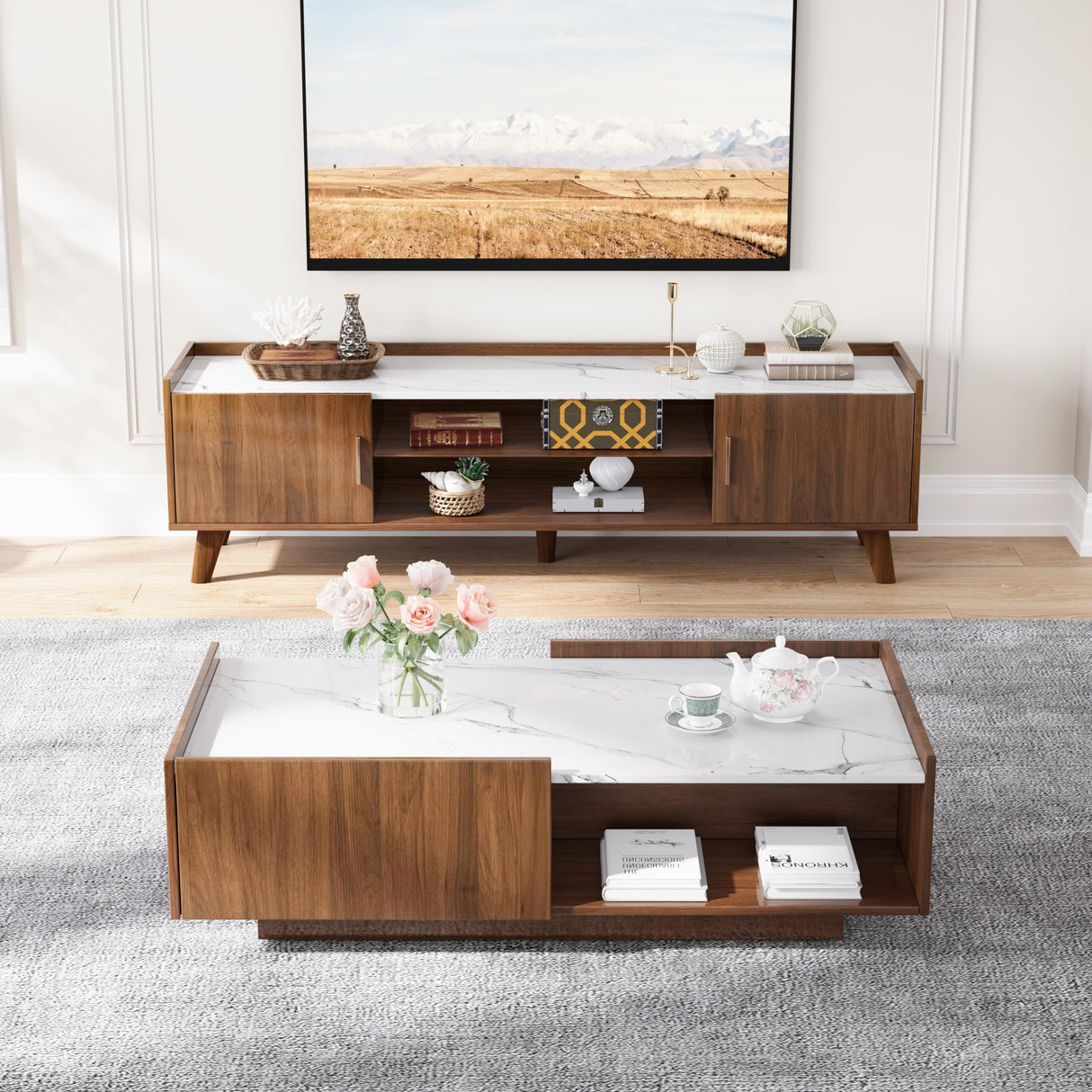 Mid Century Modern Coffee Table, 47.2" LED Rectangle Accent Center Table with 2 Sliding Drawers and Open Display Shelf for Living Room, (Walnut Grain and High Glossy White Marble Color Top Plate) Svimi