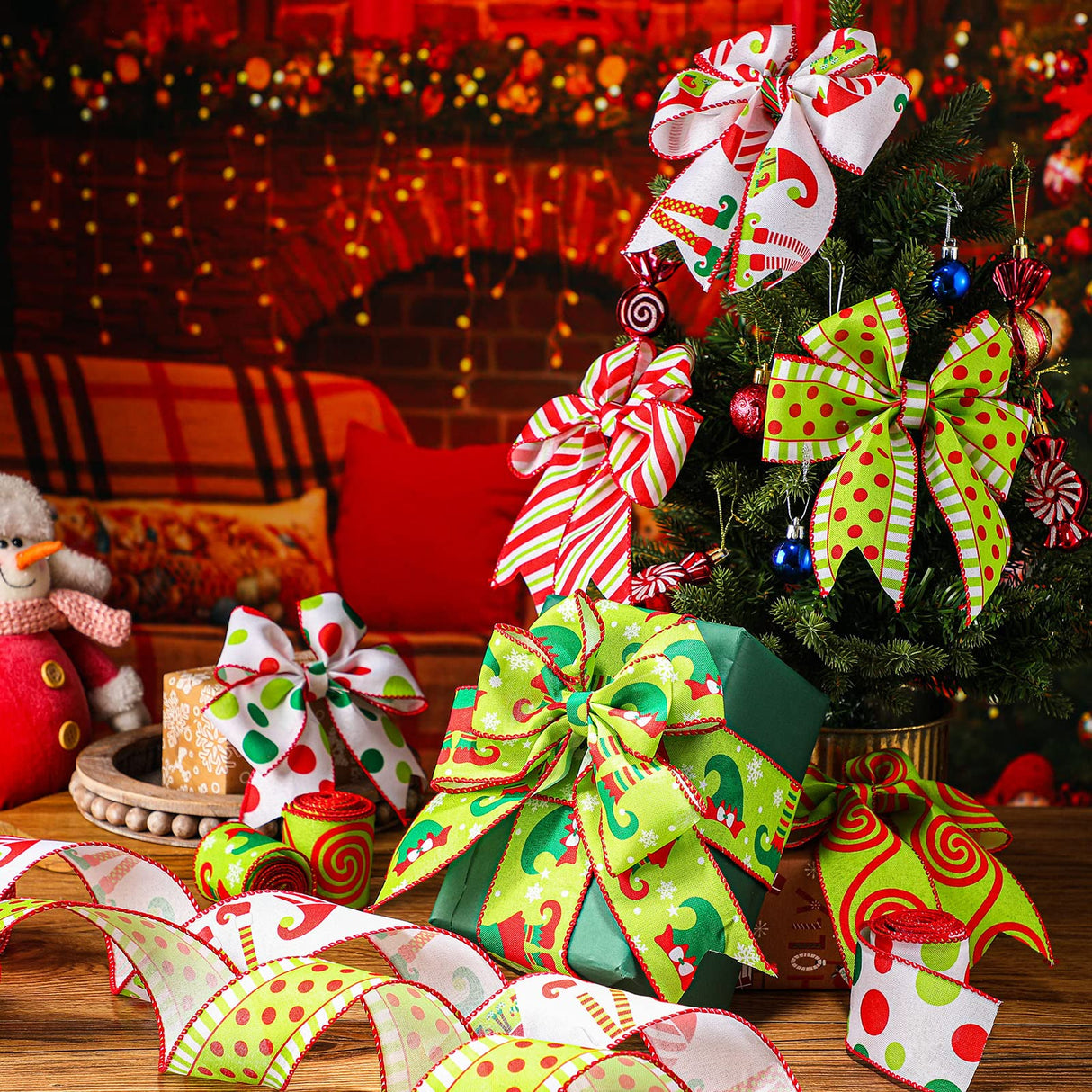6 Rolls 30 Yards Christmas Wired Edge Ribbon Elf Hats and Legs Multi Dots Swirl Diagonal Stripe Ribbon Home Party Bows Decor for Xmas Tree Wreath Gift Wrapping DIY Crafts, 2.5 Inch (Stylish Style) Yinder