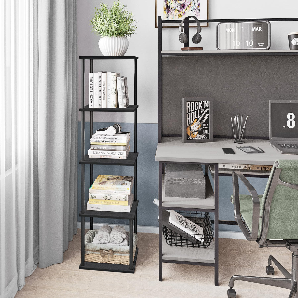 POBOMULI 46" Narrow Bookshelf, 5-Tier Tall Bookcase Small Space, Corner Book Shelf Slim Storage Display Rack Living Room Bedroom Study Office, Black POBOMULI