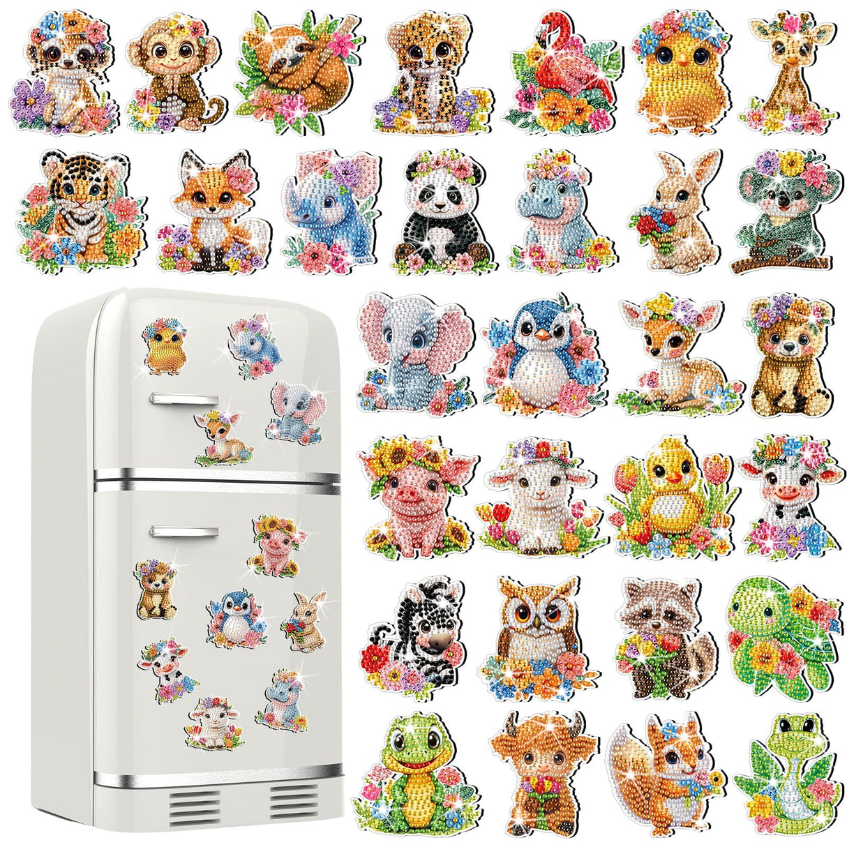 Xuhal 30 Pcs Animal Diamond Painting Magnets Watercolor Animal Diamond Art Magnet Kits for Adults Cute Elephant Tiger Refrigerator Magnetic Sticker 5D Rhinestone Fridge Stickers for DIY Crafts Gifts Xuhal