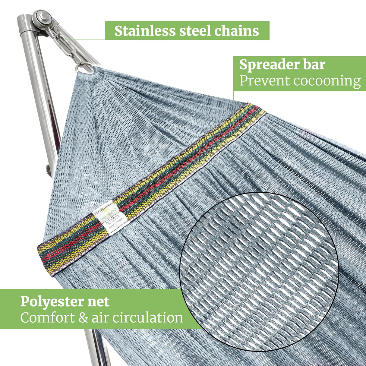Tranquillo Double Hammock with Stand 650lb Capacity Double Hammock with Spreader Bar, Solid Grade 201 Stainless Steel 30s Set Up, Sturdy Flexible Hammock Stand Portable, Outdoor Indoor, Grey Tranquillo