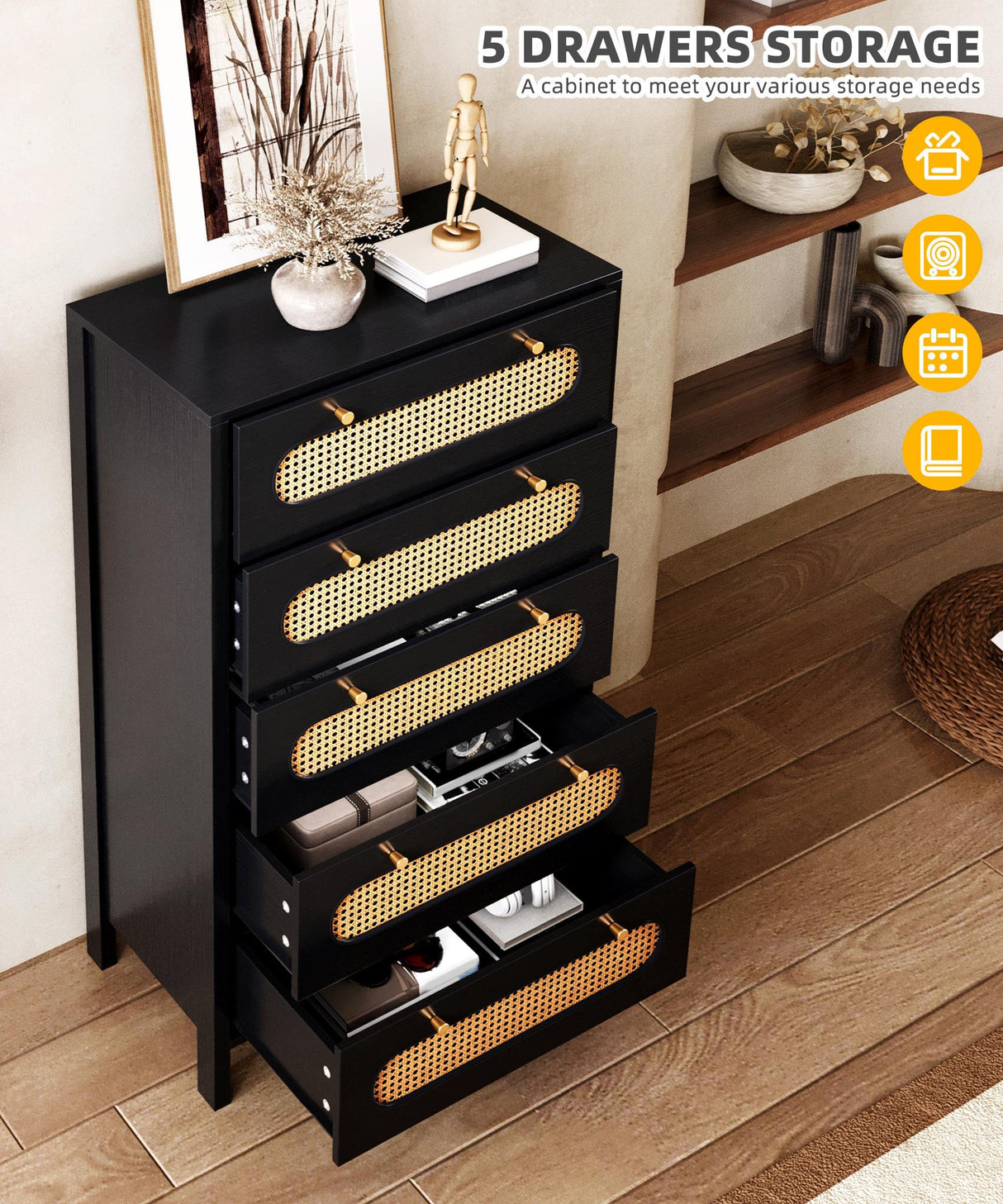 DWVO 47" Tall Natural Rattan Buffet Sideboard Cabinet 5 Drawer Boho Dresser Chest of Drawers with Golden Handles, Wood Dresser Storage Cabinet for Hallway, Entryway, Hold up to 300lbs, Black DWVO