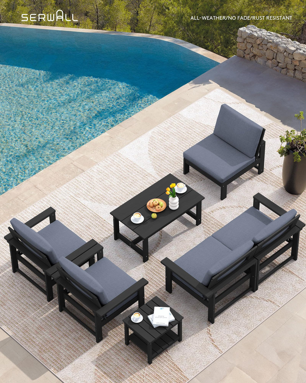 SERWALL HDPE Patio Furniture Set, 7-Piece Outdoor Sectional Sofa Set, All Weather Outdoor Couch Set for Deck, Lawn, Black Frame with Grey Cushion SERWALL