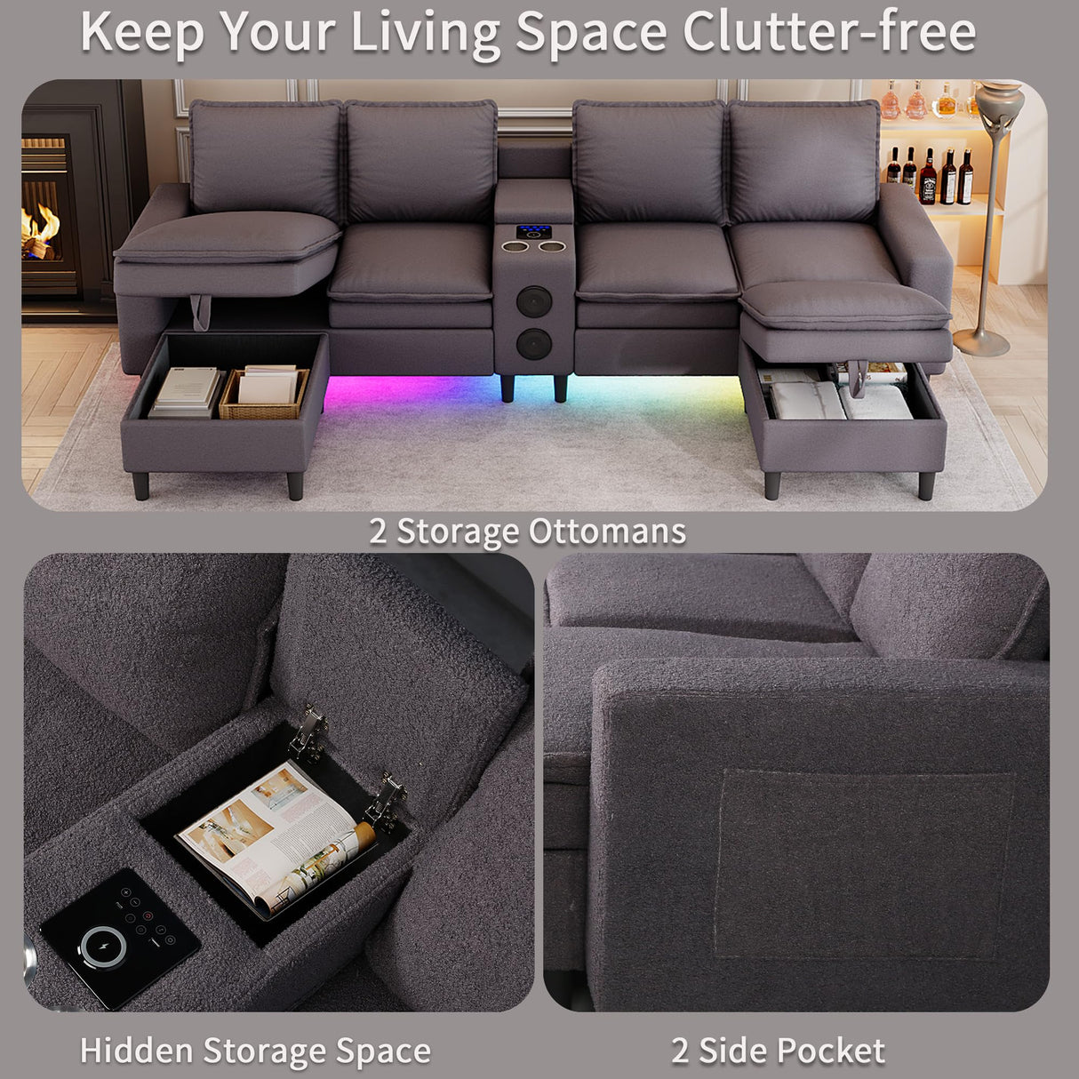 HYZQ Sectional Couches for Living Room, 4 Seat Sectional Sofa with Smart Module-Bluetooth Speaker/RGB Light/Charging Station, Teddy Fleece U Shaped Cloud Couch with Storage Ottoman (Dark Grey) HYZQ