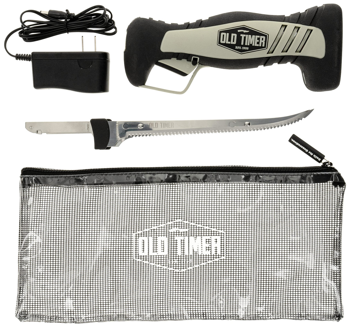 Old Timer Cordless Electric Fillet Knife with 8in Fully Serrated Stainless-Steel Blade, Trigger Lock, Rechargeable Battery, and Self Draining Case for Fishing, Meat Carving, Filleting, and Outdoors Old Timer