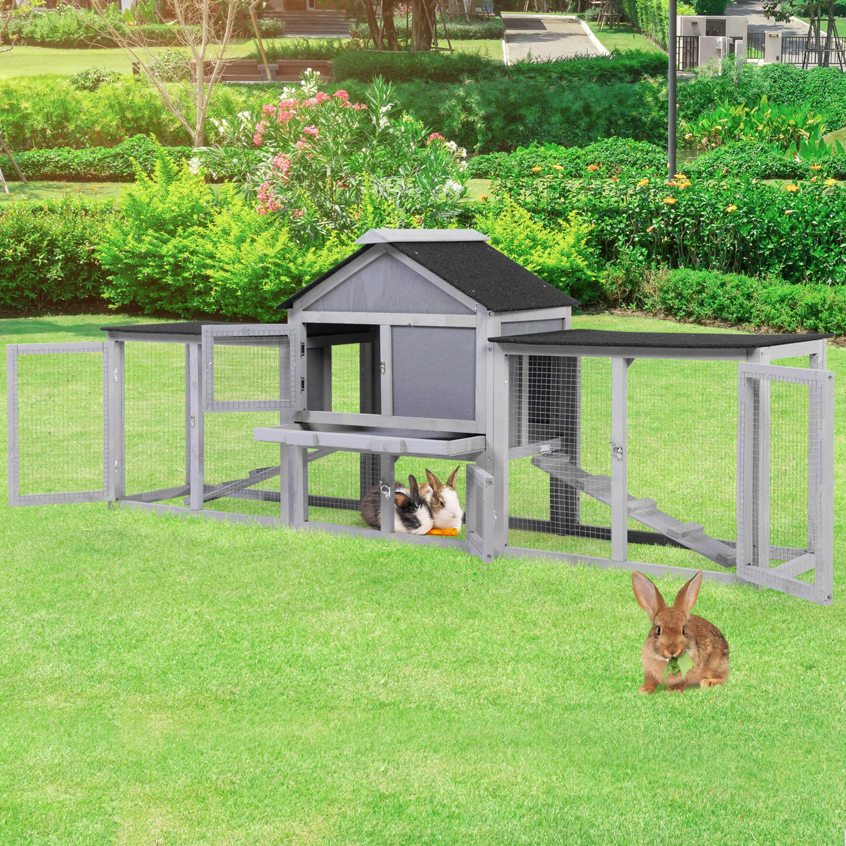 COZIWOW 82inches Extra Large Wood Rabbit Hutch Outdoor Easy to Assemble and Stable Bunny Cage Bunny Hutch Indoor with Cleaning Tray & Waterproof Roof for Small and Medium Bunny Rabbit Chick (Grey) COZIWOW