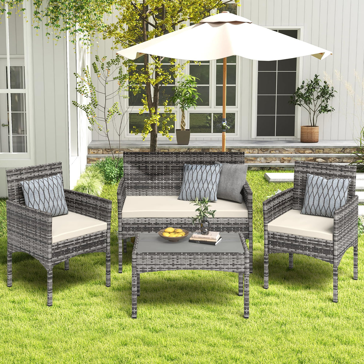 BUPPLEE 4 Pieces Patio Furniture Set, Outdoor Wicker Rattan Patio Conversation Furniture Set with Waterproof Cushion and Table for Lawn Poolside Backyard Garden Balcony Porch BUPPLEE