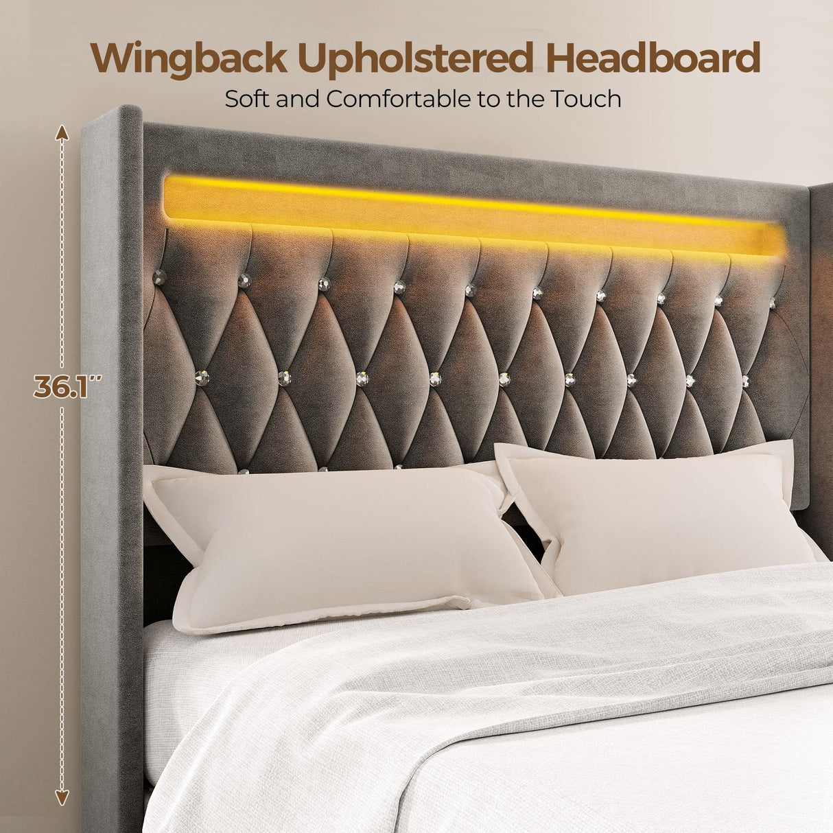 Rolanstar Queen Bed Frame with LED Light and Charging Station, Upholstered High Headboard and Footboard, Wood Slats, Noise Free, Easy Assembly, Grey Rolanstar