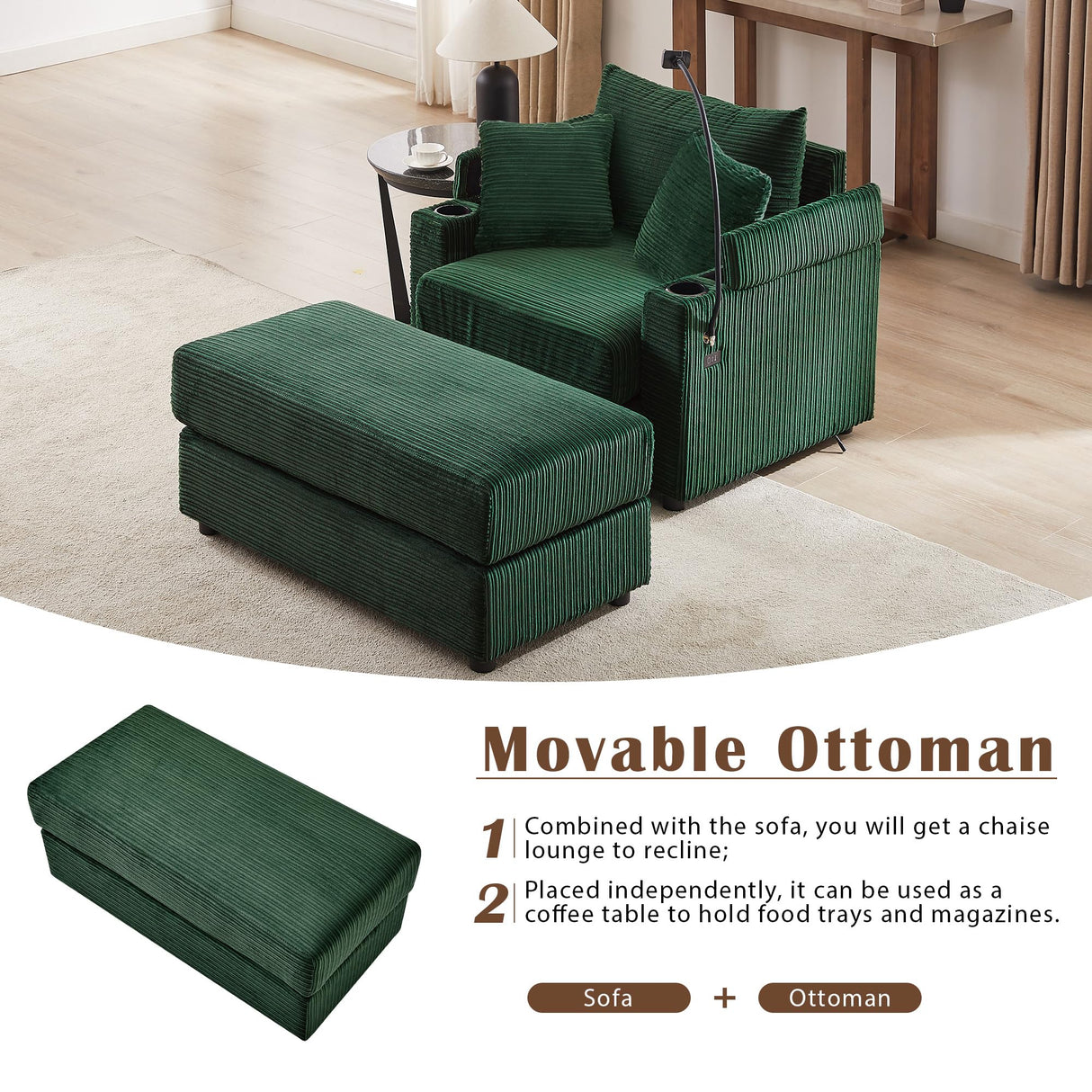 Merax Modern Corduroy Single Sofa with Ottoman, Two USB Ports & Cup Holders, Small Couch with Pillows & Phone Holder for Living Room Green Merax