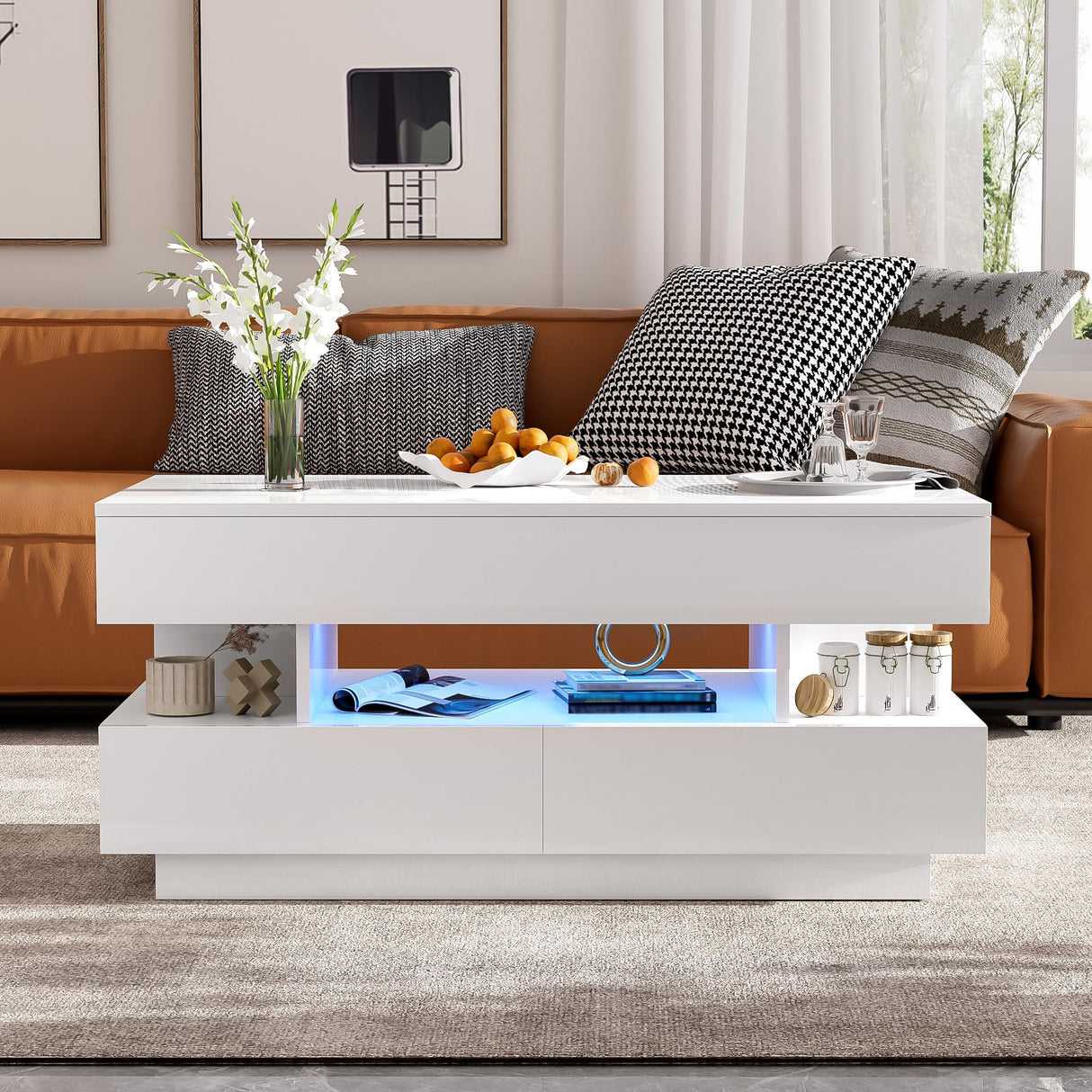 KUVADAZ 39.3" Lift Top Coffee Table with 2 Drawers and LED Lights, Modern Rectangular High-Gloss Center Table Cocktail Tea Table with Lift-Top and Hidden Space for Living Room Apartment White KUVADAZ